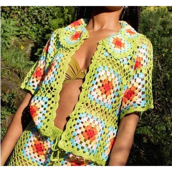 Nasty Gal Premium Crochet Square Patterned Oversized Shirt Size S - Picture 1 of 5